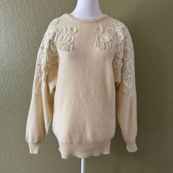 Vivien Forest Size S Beaded Pearl Embroidered Sweater Cream Coquette Grannycore - Picture 1 of 10
